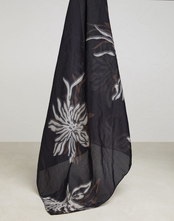 Brunello Cucinelli Womens Black Floral Cotton Silk Scarf Brown Accessories & Slg