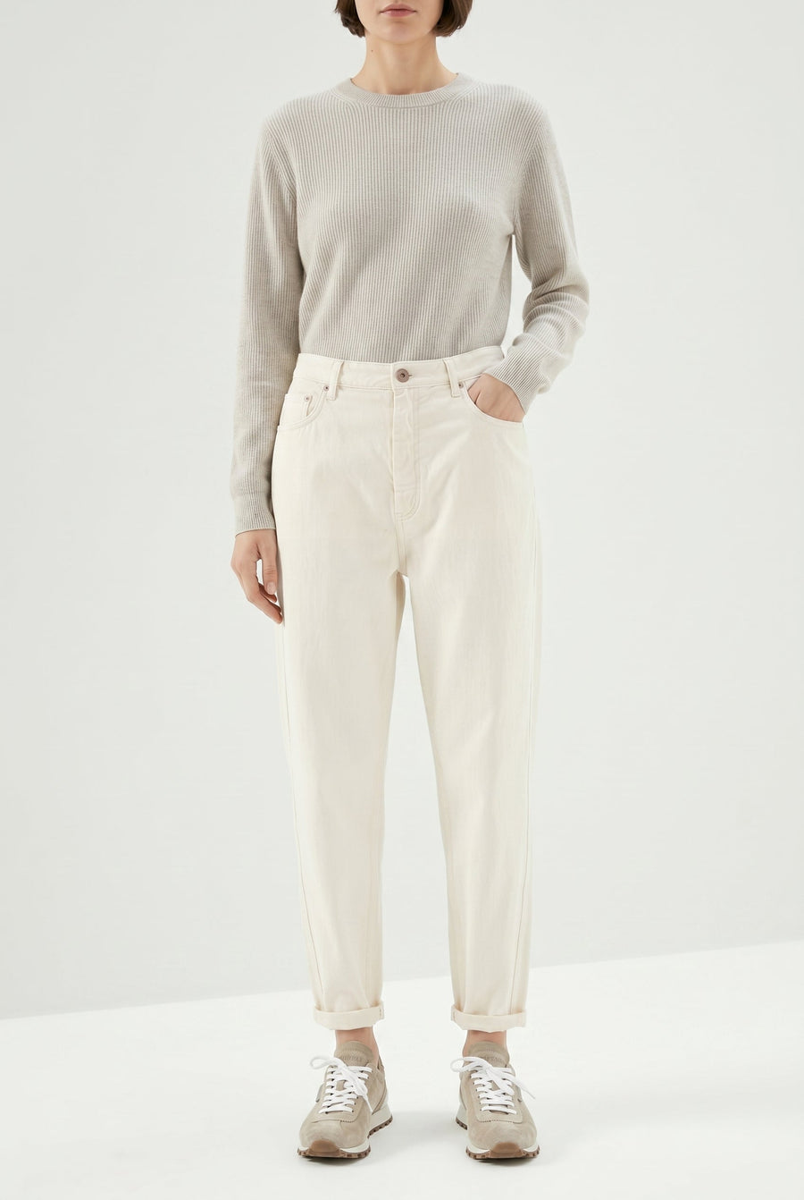Brunello Cucinelli Womens Off White Relaxed Cotton Trousers