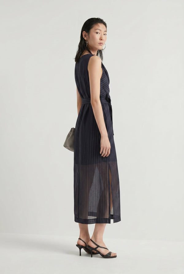 Brunello Cucinelli Womens Navy Sleeveless Wrap Dress Silver