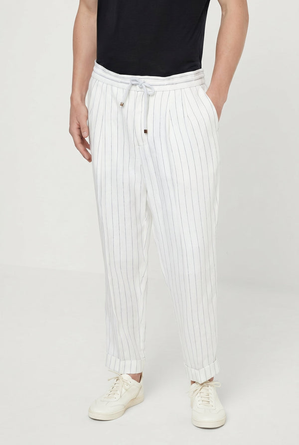 Brunello Cucinelli Mens White Linen Relaxed Trousers