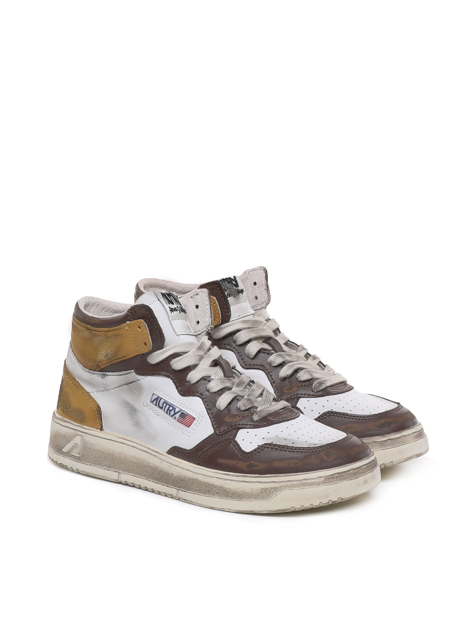 Autry Sneakers White, Antique Gold, Brown Cow Leather