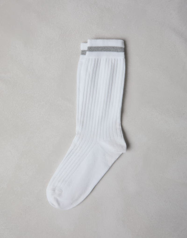 Brunello Cucinelli Womens White Ribbed Cotton Socks Silver