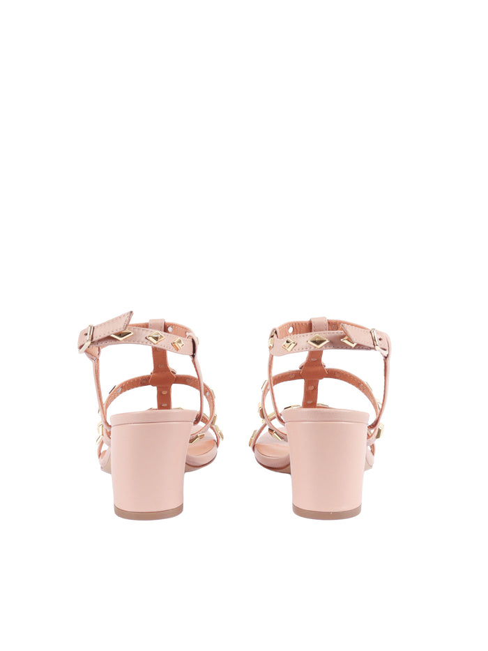 Sandals With Small V And Diamonds-Shaped Studs Beige Leather Sole Rubber