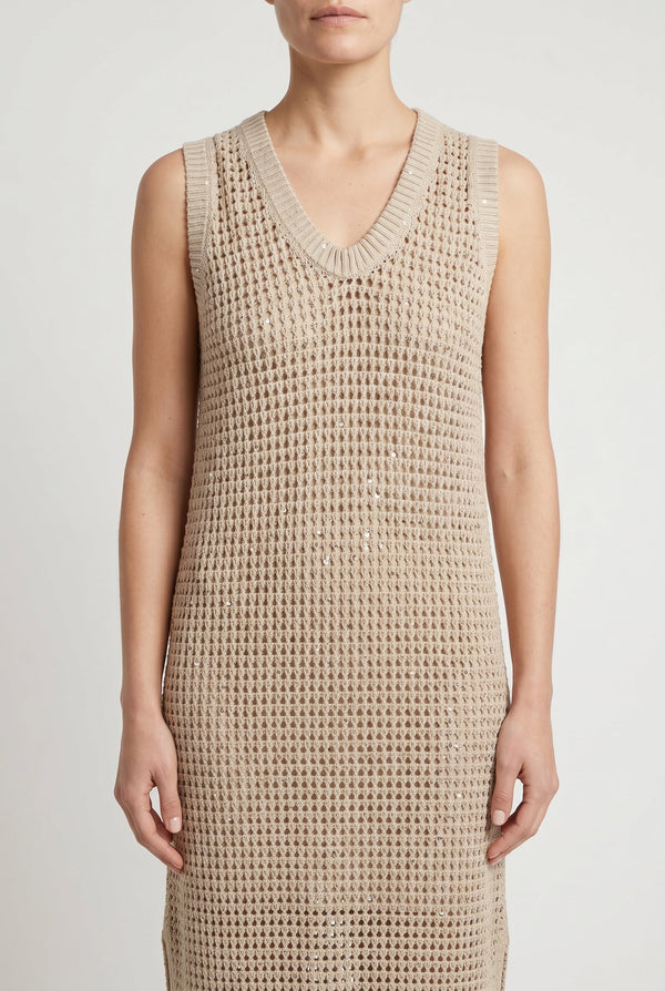 Brunello Cucinelli Womens Beige Knitted Sleeveless Dress Camel