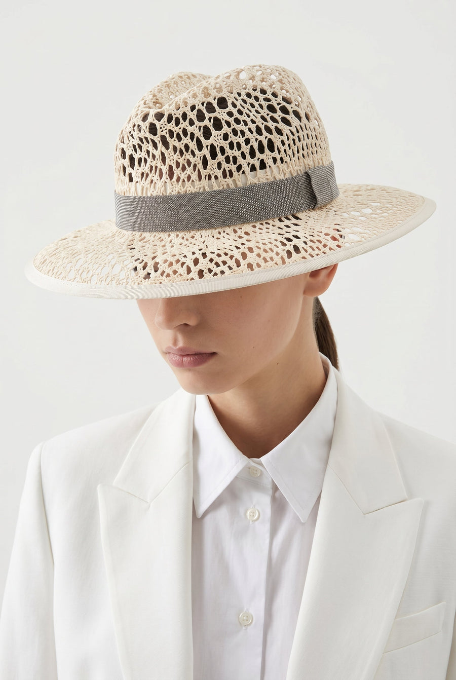 Brunello Cucinelli Womens Beige Openwork Woven Hat Accessories & Slg