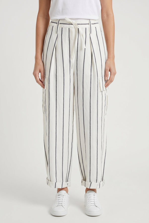 Brunello Cucinelli Womens White Striped Linen Trousers Black