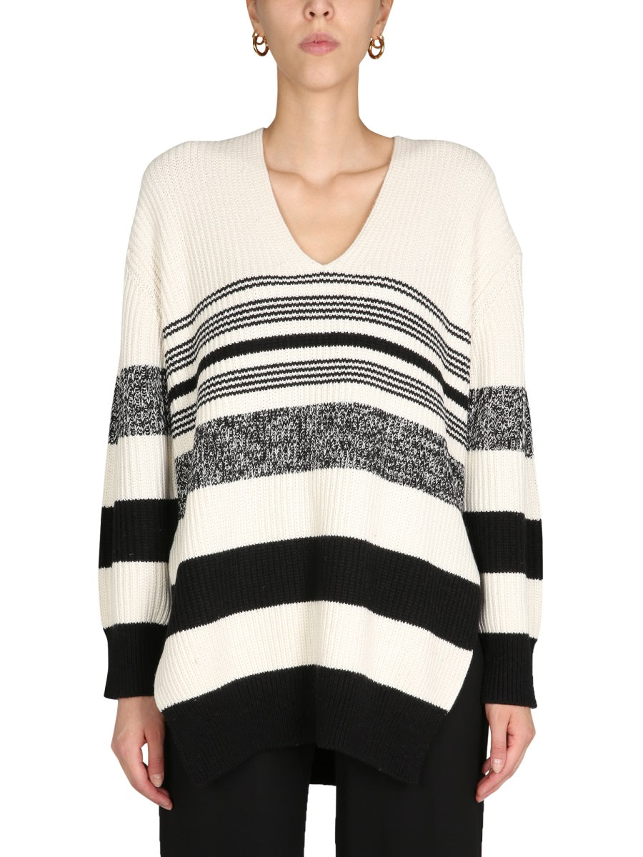 V-Neck Sweater With Side Slits White Cotton Blend Jumpers