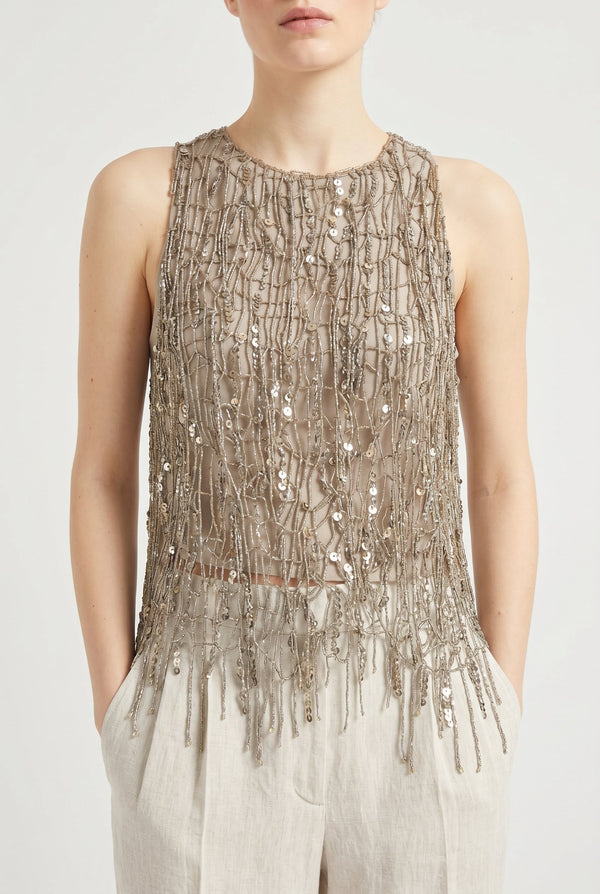 Brunello Cucinelli Womens Gold Sleeveless Embellished Top