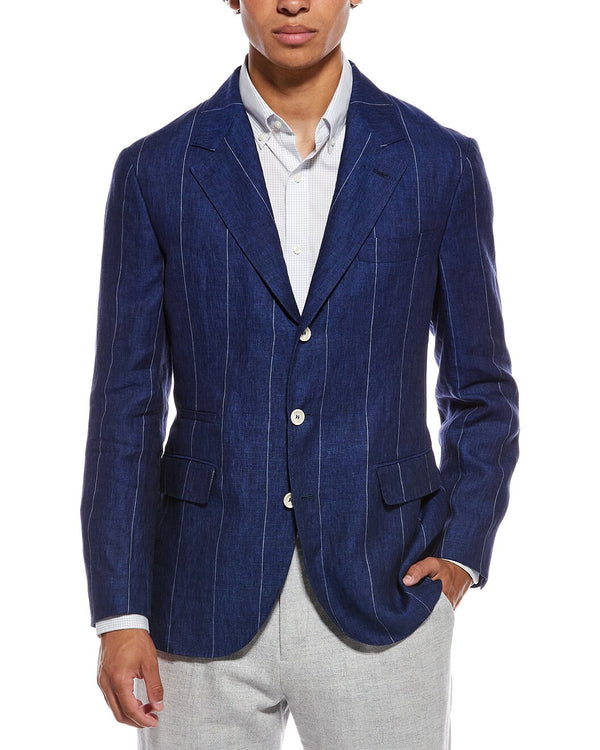Brunello Cucinelli Mens Indigo Linen Striped Blazer