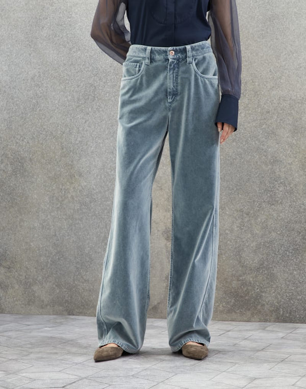 Brunello Cucinelli Womens Velvet Denim Wide Leg Cotton Trousers