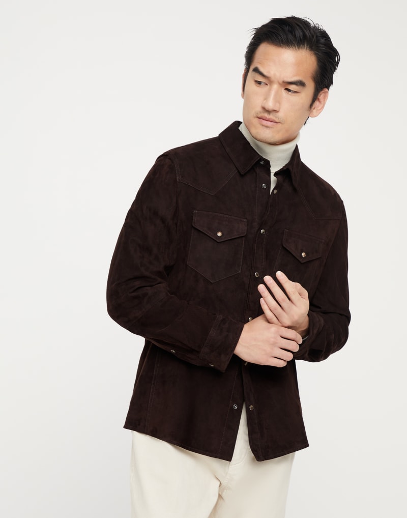 Brunello Cucinelli Mens Moors Head Suede Western Jacket Dark Brown Clothing