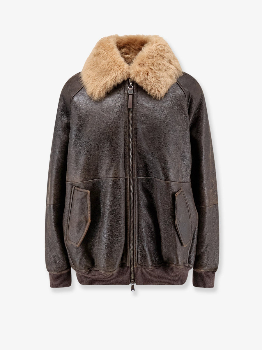 Leather Jacket With Shearling Collar Brown