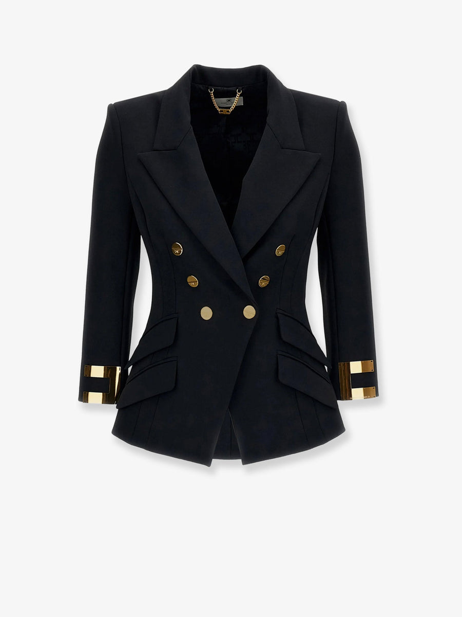 Double-Breasted Blazer Black With Gold Monogram Polyester Blazers