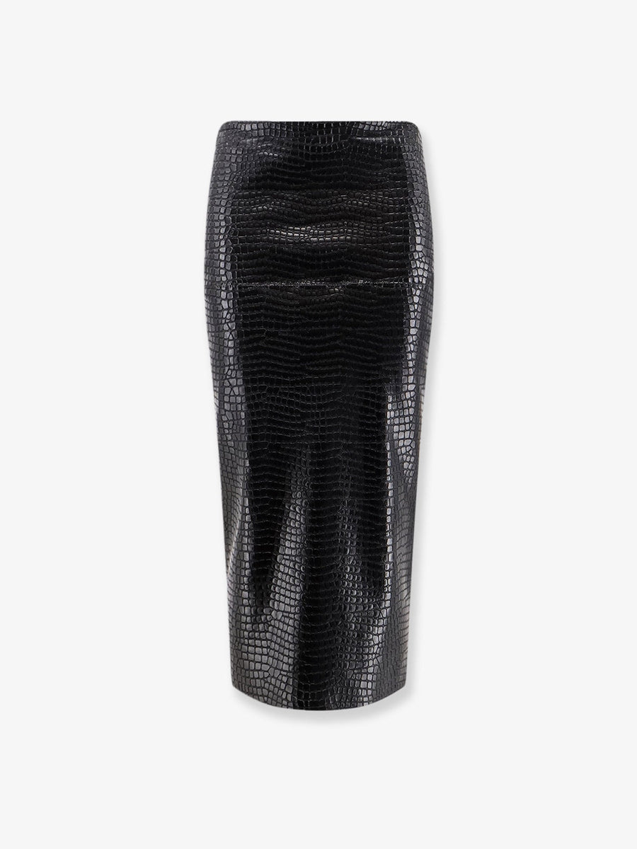 Faux Leather Midi Skirt With Croco Print Black Polyurethane