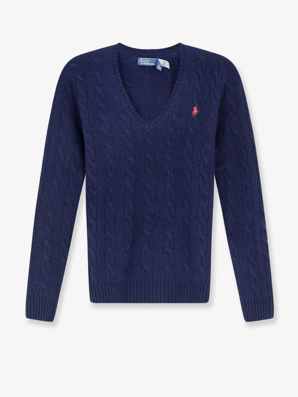 Sweater Cable-Knit V-Neck Blue Wool