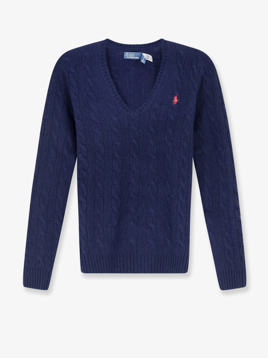 Sweater Cable-Knit V-Neck Blue Wool