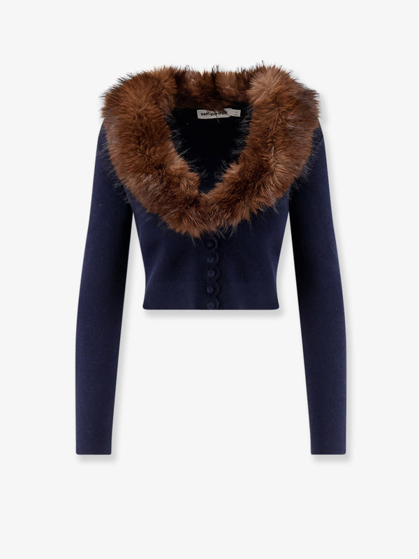 Cardigan With Faux Fur Trim Blue Wool
