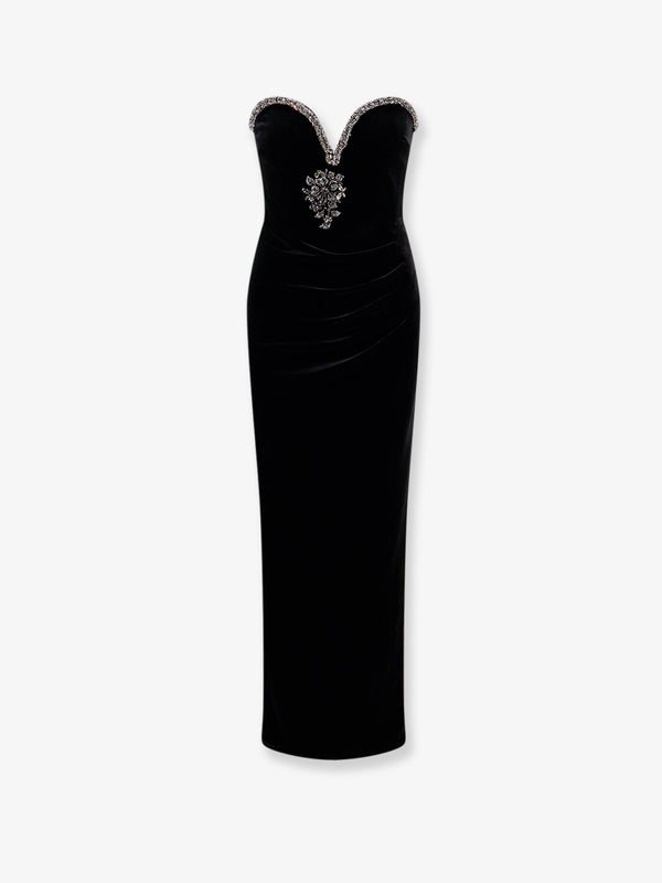 Velvet Long Dress With Rhinestone Trim Black Polyester