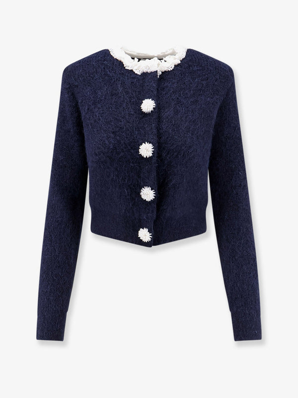 Knit Cardigan With Flower Pearl Buttons Blue Polyester