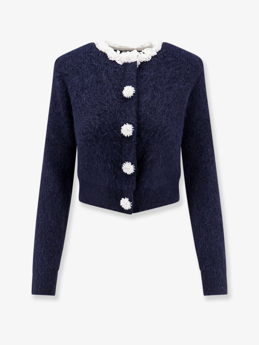 Knit Cardigan With Flower Pearl Buttons Blue Polyester
