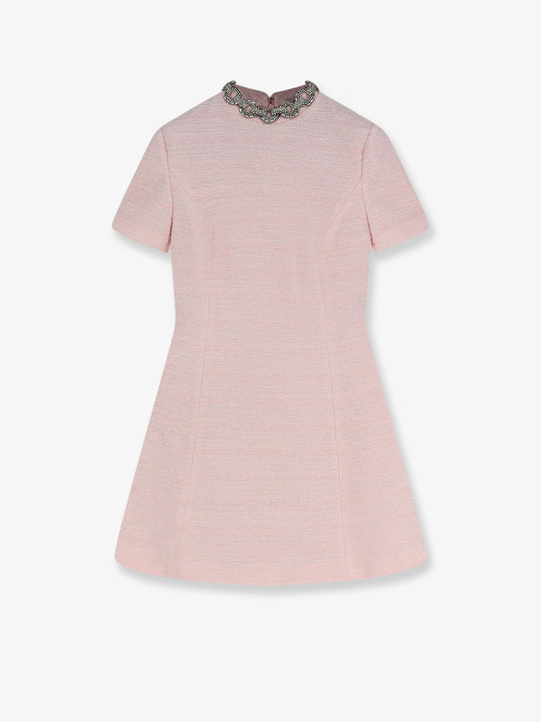 Mini Dress Embroidered Cotton Tweed Pink