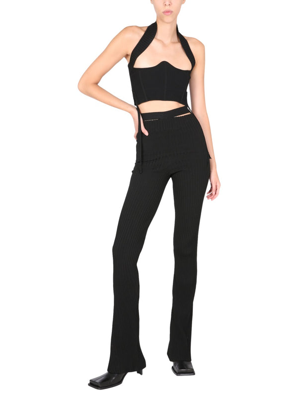 Ribbed Trousers With Cut Out Belt Black Viscose