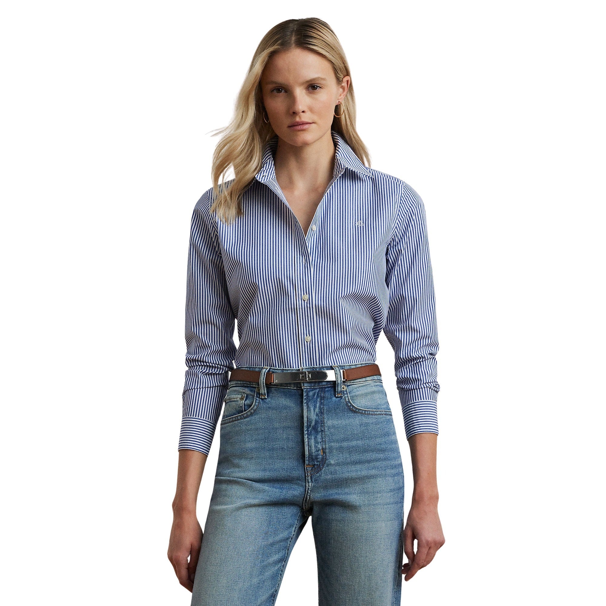 Jamelko Long Sleeve Button Front Shirt Blue Cotton Elastane