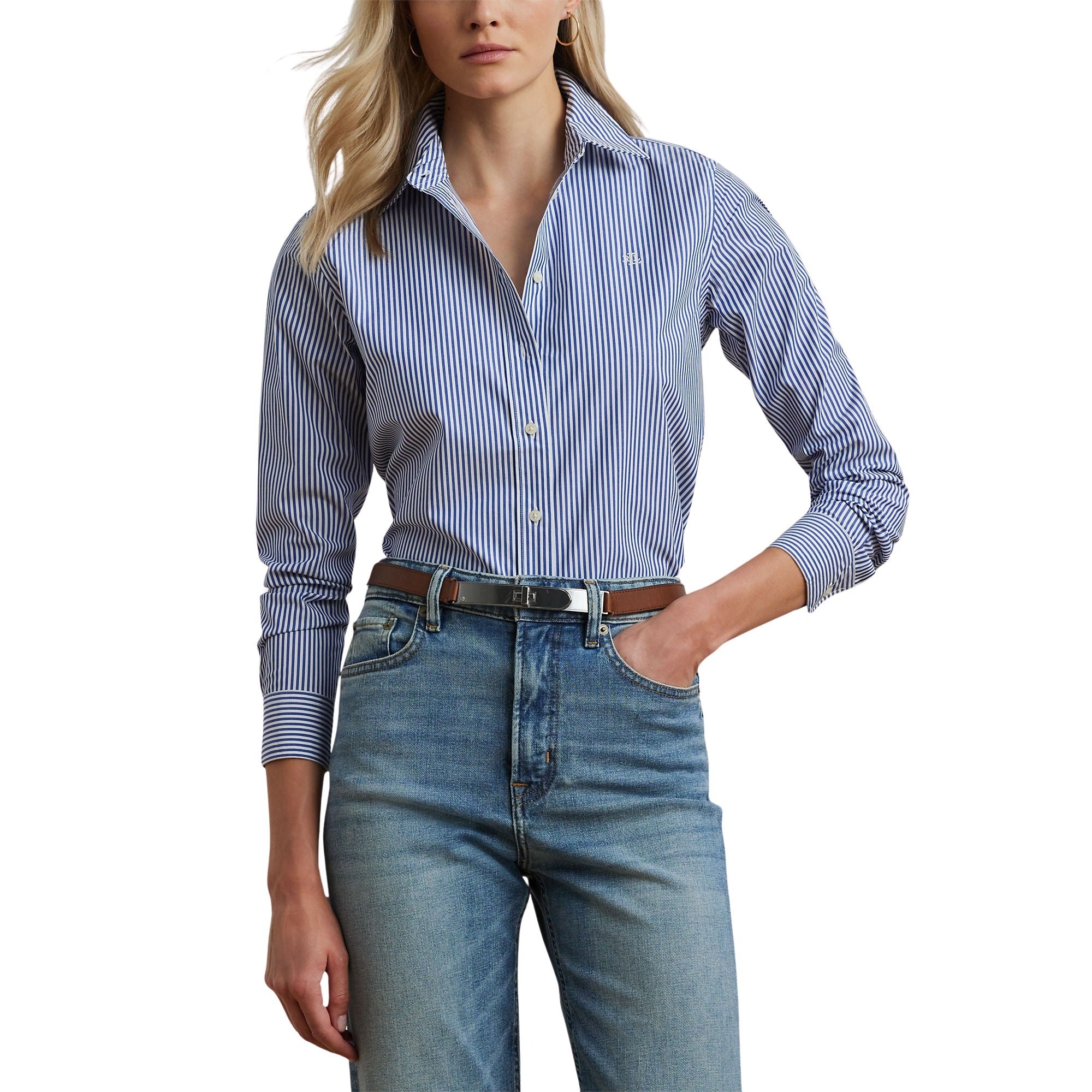 Jamelko Long Sleeve Button Front Shirt Blue Cotton Elastane