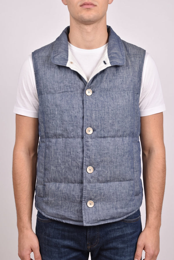 Brunello Cucinelli Mens Blue Linen Button Down Vest Denim
