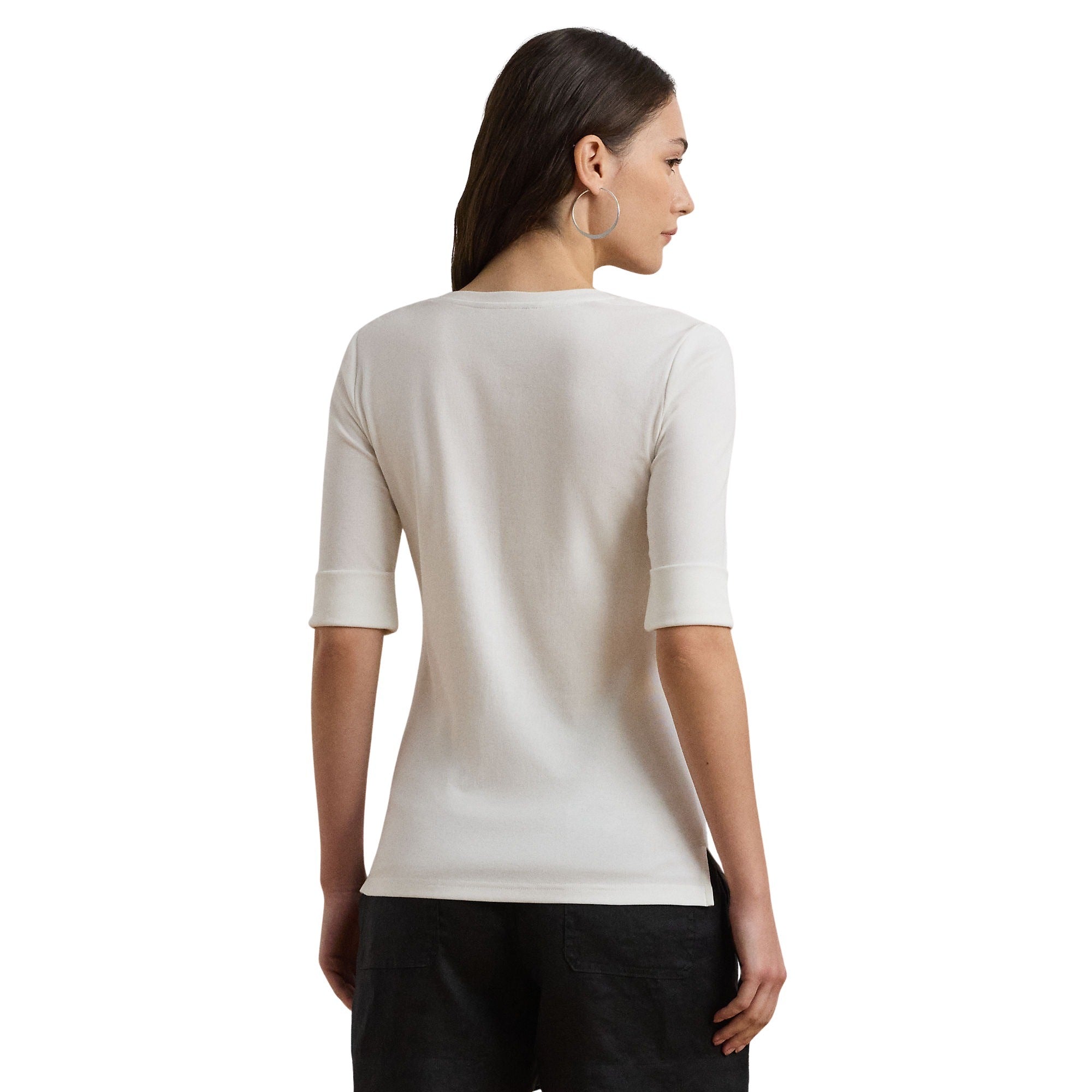 V Judy Elbow Sleeve Knit White Cotton Elastane Tshirt