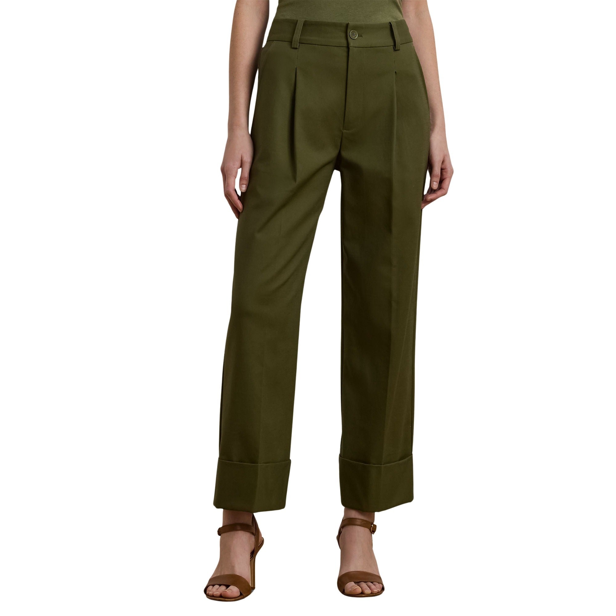 Zeeya Ankle Flat Front Green Cotton Elastane Pant