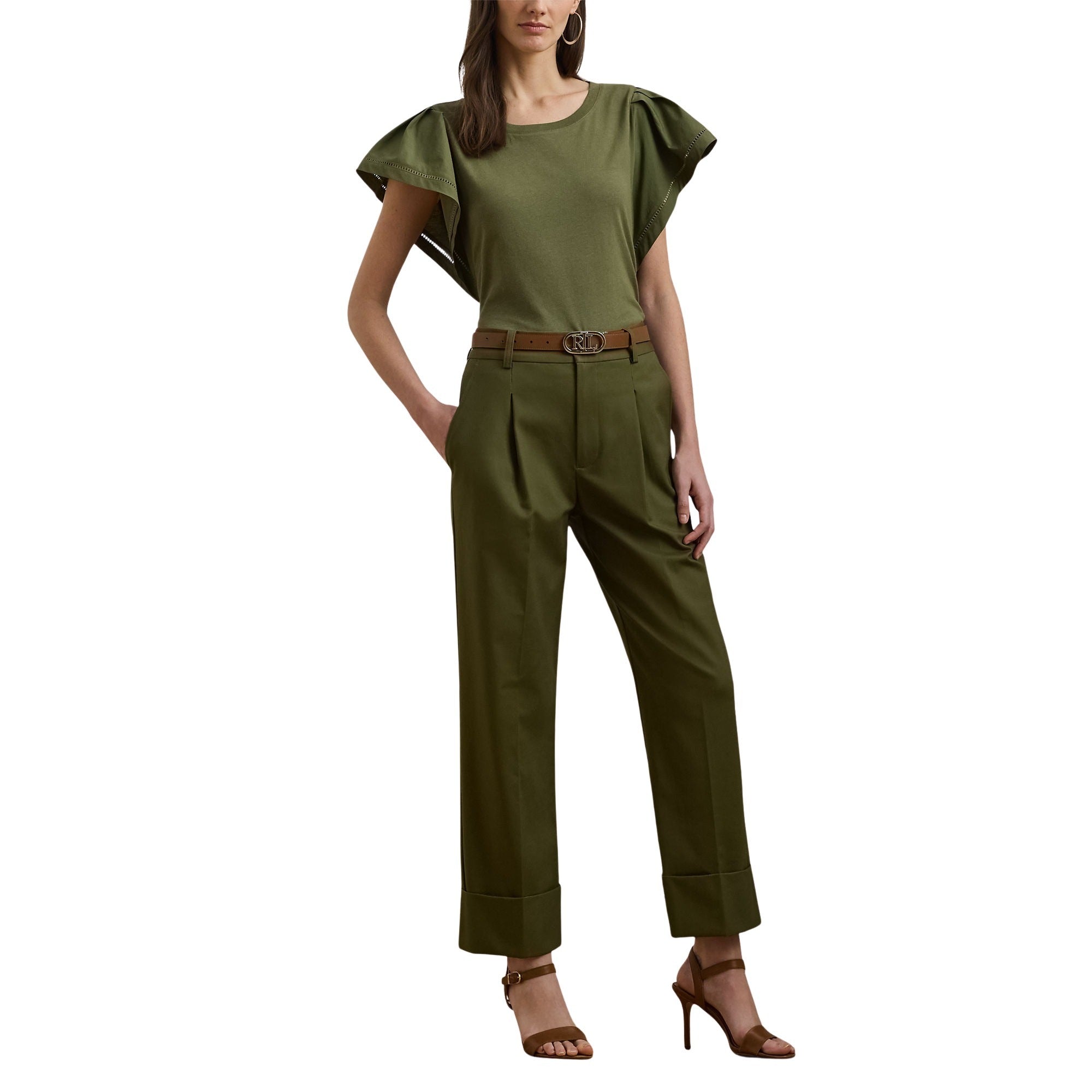 Zeeya Ankle Flat Front Green Cotton Elastane Pant