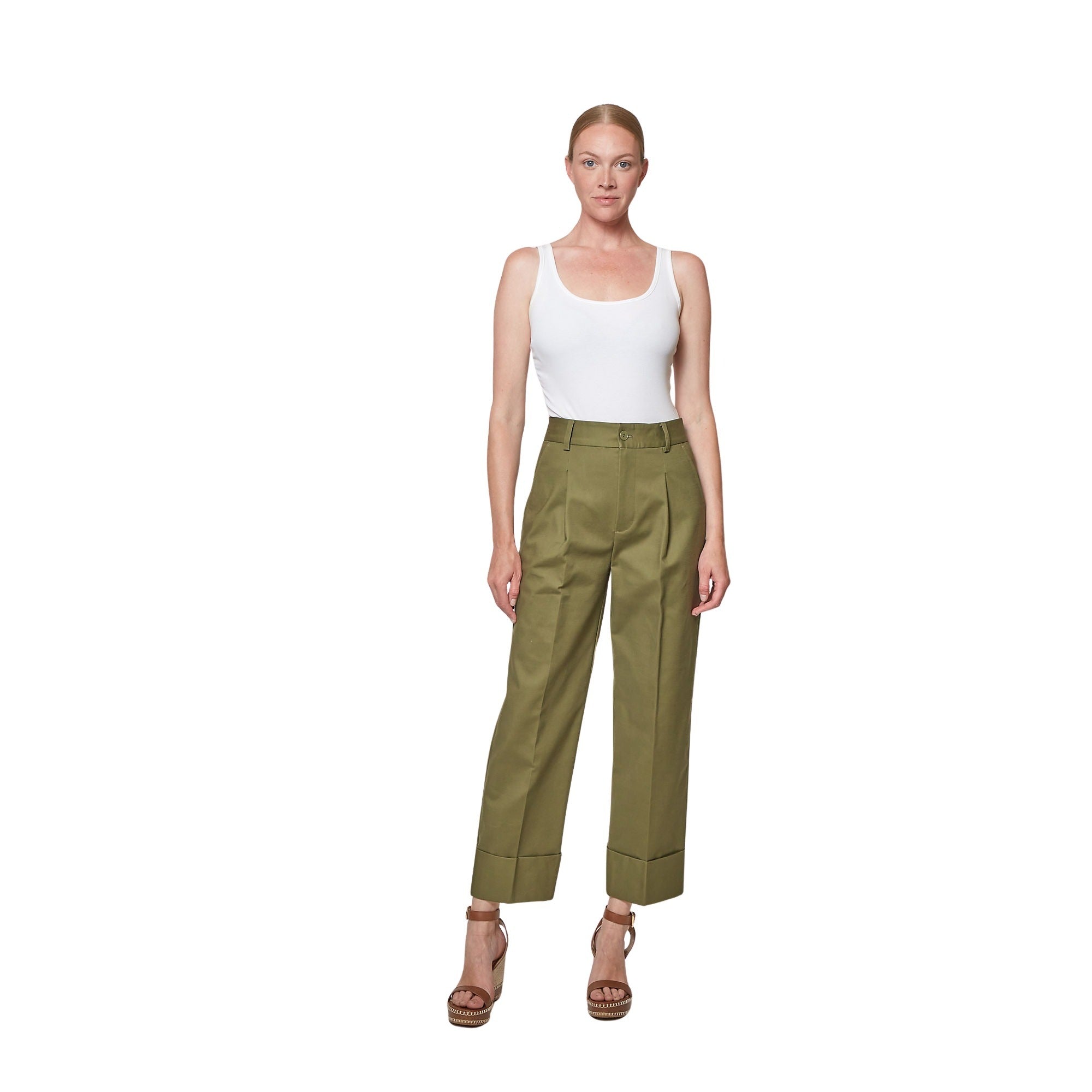 Zeeya Ankle Flat Front Green Cotton Elastane Pant