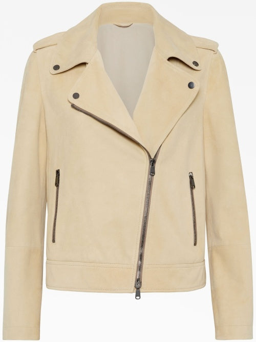 Brunello Cucinelli Womens Yellow Suede Biker Jacket Beige