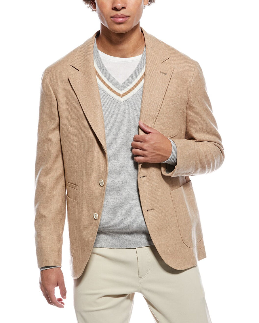 Brunello Cucinelli Mens Camel Wool Silk Blazer Tan Clothing