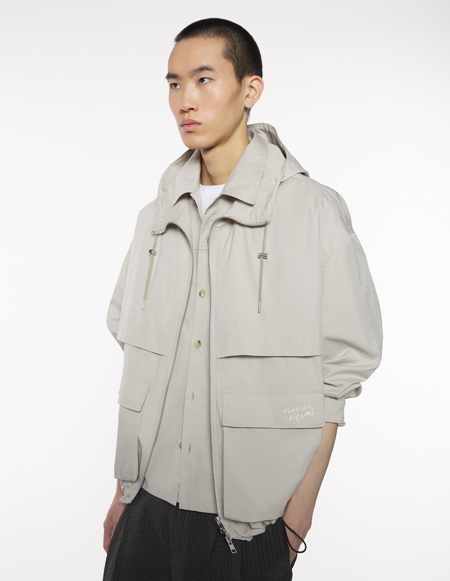 Hooded Zipped Windbreaker Brown Polyamide Jacket