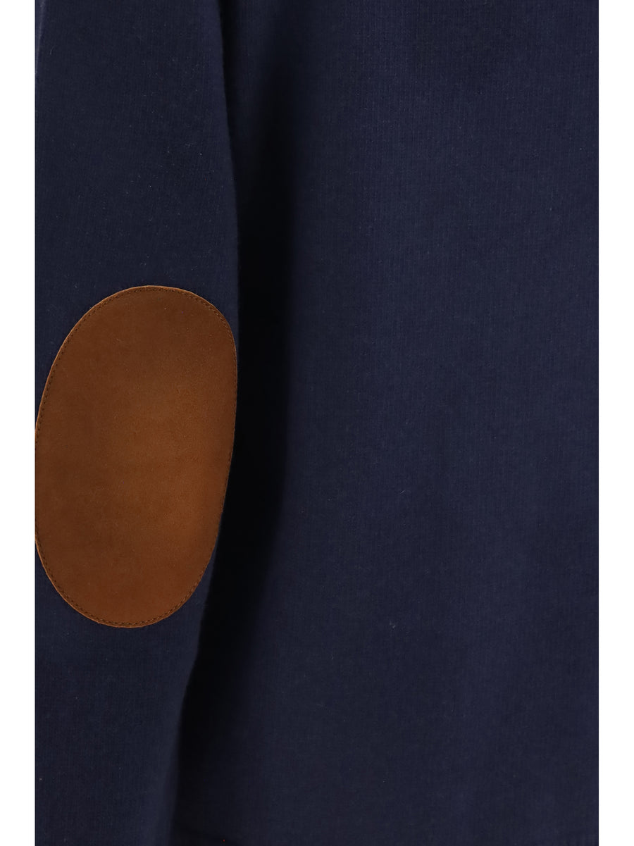 Crewneck Sweater With Suede Elbow Patches Blue Fleece Wool (ovis Aries) Sweatshirts