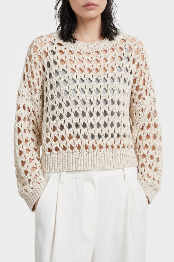 Brunello Cucinelli Womens Beige Openwork Knit Sweater