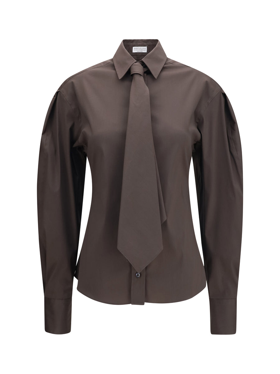 Cotton-Blend Shirt With Tie Chocolate