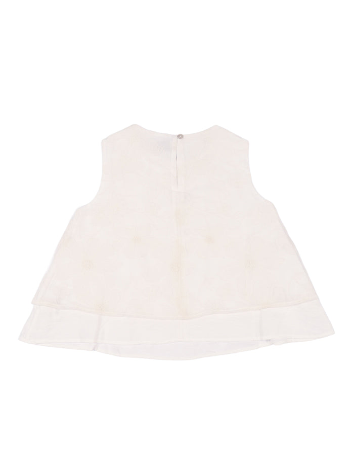 Double-layer tulle top with floral embroidery White