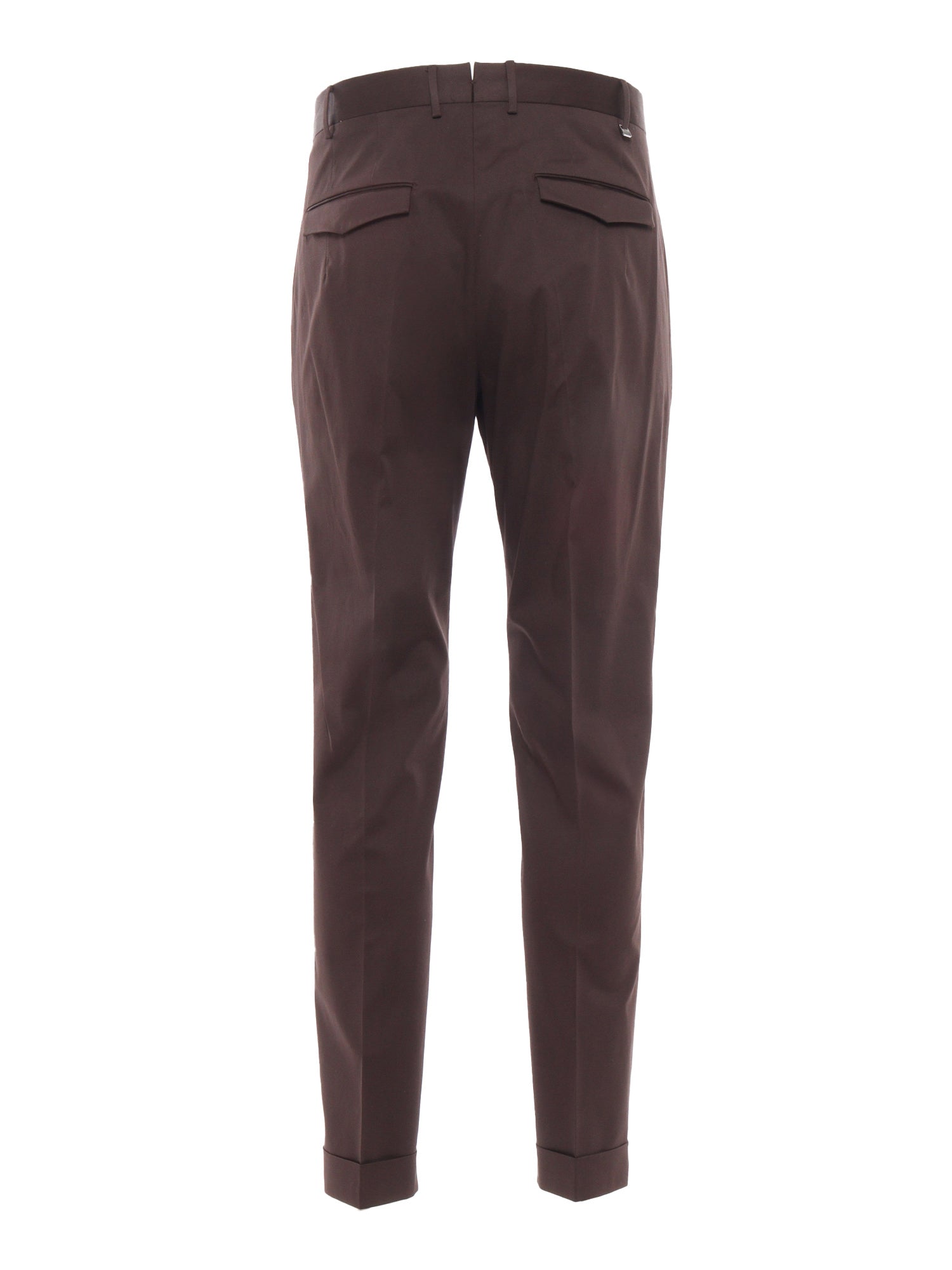 Trousers - MASTER, 1 Pleat, Diagonal Pockets, Flap Back Turn-Up Brown Cotton Elastane Pant