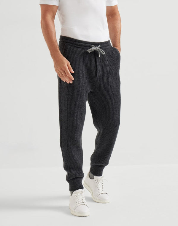 Brunello Cucinelli Mens Charcoal Wool Knit Jogger Trousers