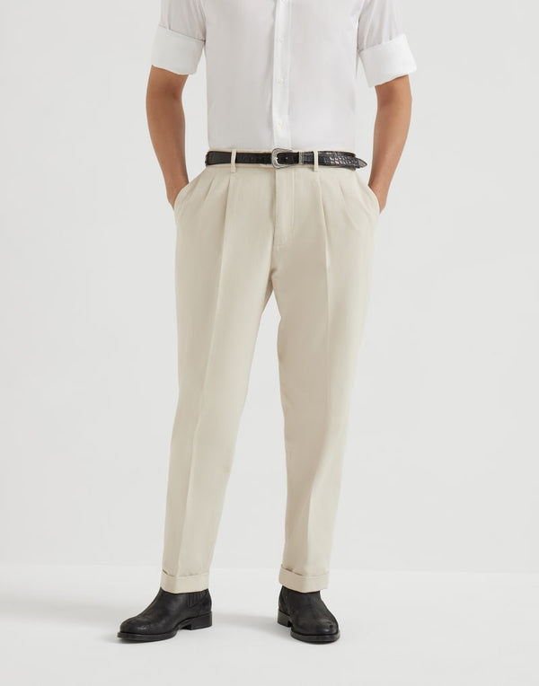 Brunello Cucinelli Mens Off White Cotton Pleated Trousers