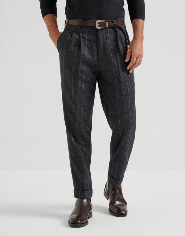 Brunello Cucinelli Mens Anthracite Wool Silk Pinstripe Trousers