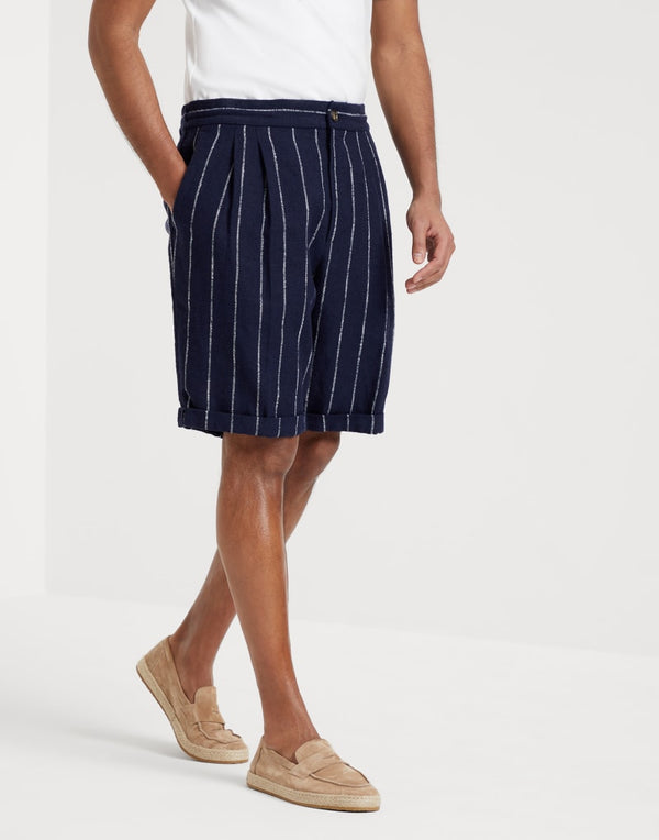 Brunello Cucinelli Mens Navy Striped Linen Wool Blend Shorts
