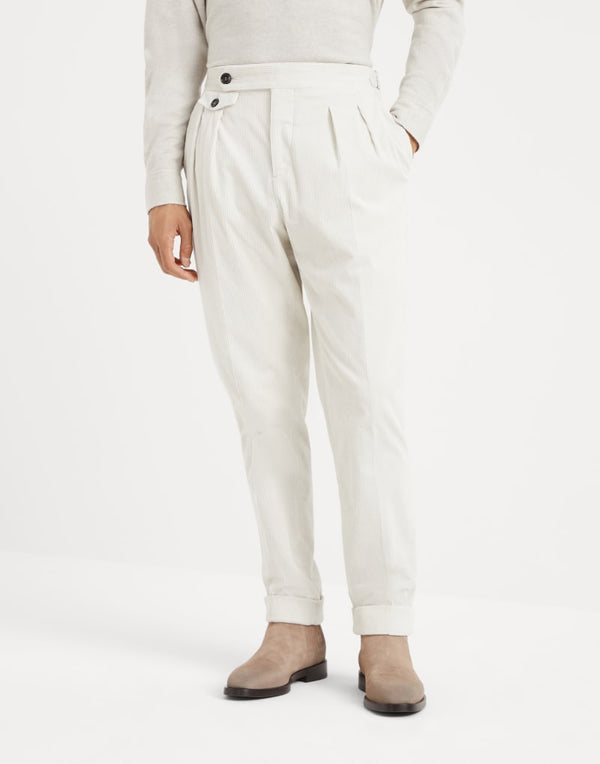 Brunello Cucinelli Mens Talc Cotton Wool Pleated Trousers