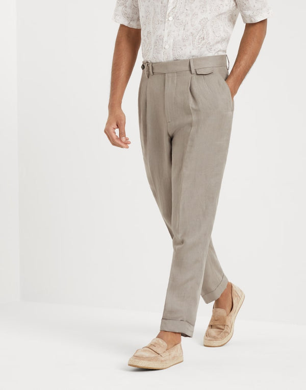 Brunello Cucinelli Mens Sage Linen Pleated Trousers