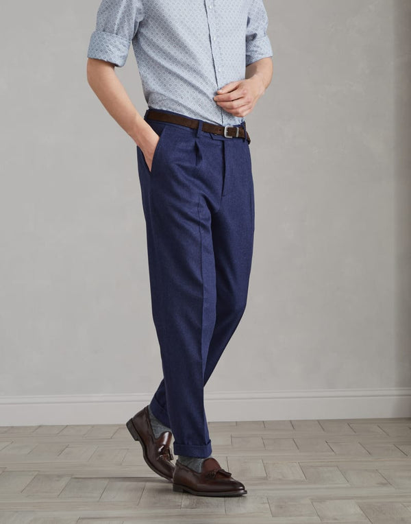 Brunello Cucinelli Mens Denim Wool Blend Pleated Trousers