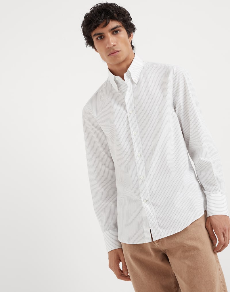 Brunello Cucinelli Mens White Striped Cotton Button Down Shirt
