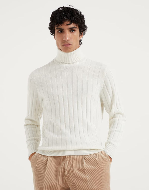 Brunello Cucinelli Mens Panama Wool Ribbed Turtleneck Sweater